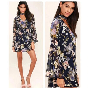 Lulus Feeling Of Love Navy Blue Floral Print Shift Dress Size Small